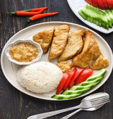 12 Oct 2023 Plant-based Chicken Rice, Braised bean puff, Saute Egg-plant, cucumber & tomato (LV)