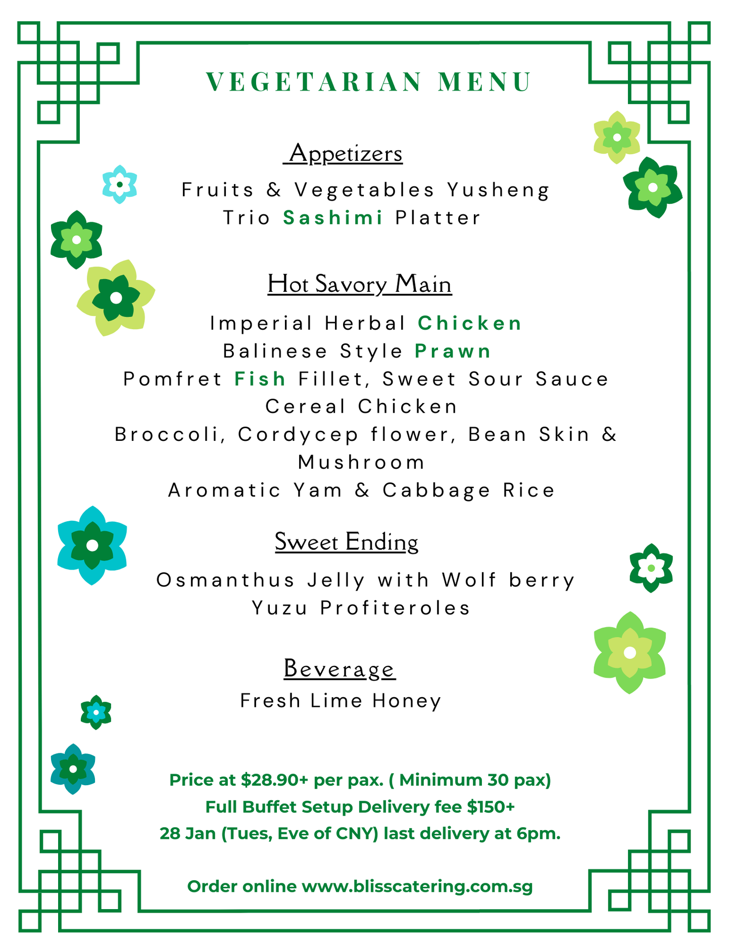 Vegetarian Menu 2025 @ $28.90+ per pax (min 30 pax)